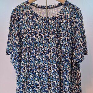 Floral Short Sleeve Pleated Top by Kistore, 4X, Blue/Green/White